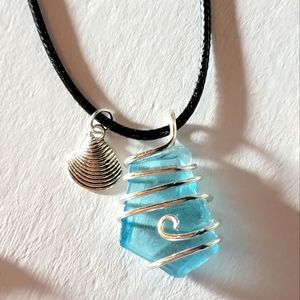 Blue Sea Glass Wire Wrapped Necklace With Sea Shell Charm
